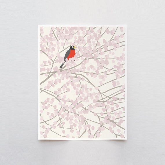 Robin in Cherry Blossom Tree Art Print - Signed and Printed by Jorey Hurley - Unframed or Framed - 140212