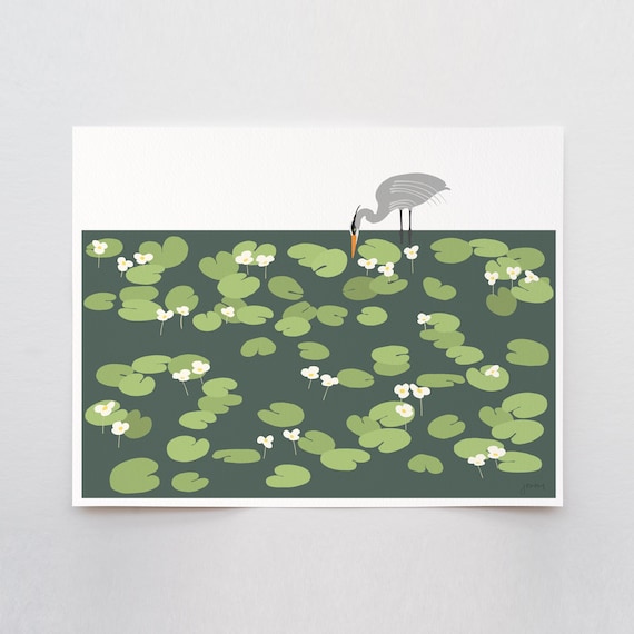 Heron in Lily Pads Art Print - Signed and Printed by Jorey Hurley - Unframed or Framed - 250413