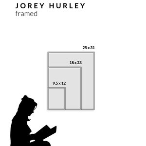 a diagram showing the sizes of artist jorey hurley's framed prints next to a scale figure.