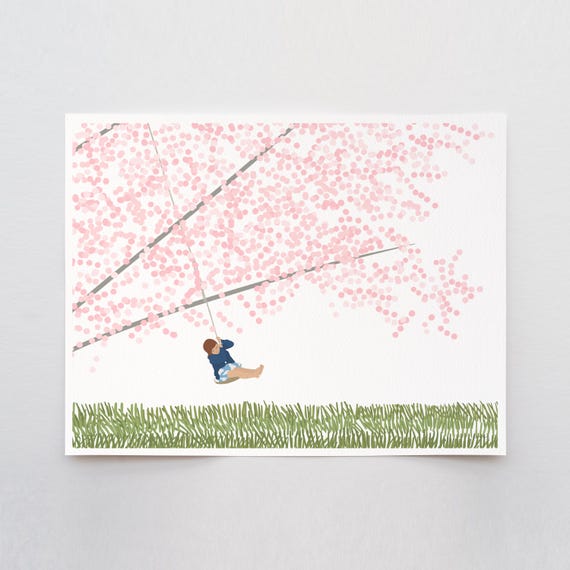 Cherry Blossom Tree with Girl Swinging Landscape Art Print - Signed and Printed by Jorey Hurley - Unframed or Framed - 230416
