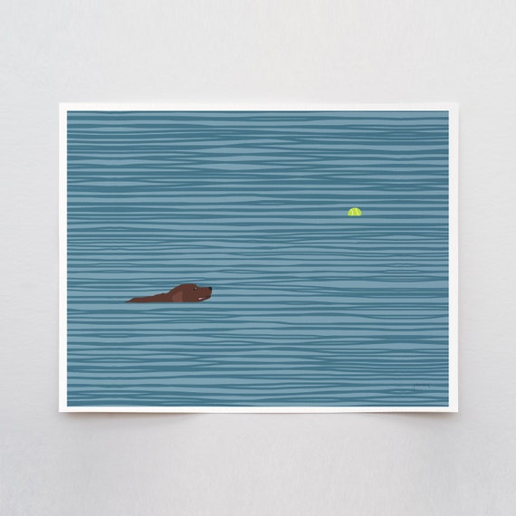 Tennis Ball with Swimming Labrador Art Print - Signed and Printed by Jorey Hurley - Unframed or Framed - 140306L