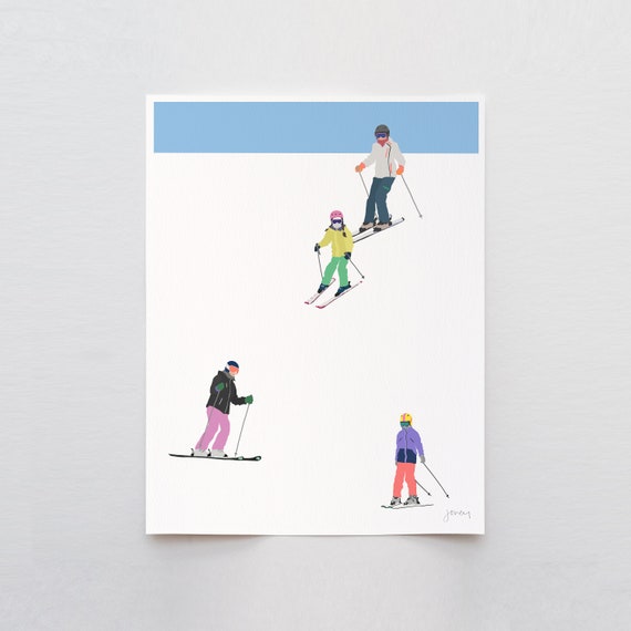 Family Skiing Art Print - Signed and Printed by Jorey Hurley - Unframed or Framed - 230106