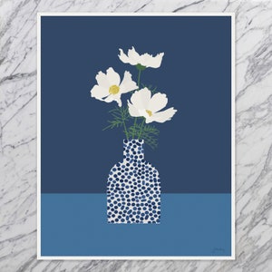 Blue Dotted Vase with Cosmos Flowers Art Print Signed and Printed by Jorey Hurley Unframed or Framed 220525 image 3