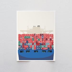Docked Container Ship,  coastal wall art, signed boat print by Jorey Hurley