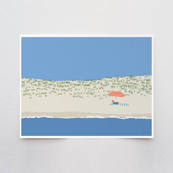 Reading Under Beach Umbrella Art Print - Signed and Printed by Jorey Hurley - Unframed or Framed - 250211