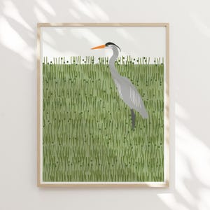 May include: A grey heron with an orange beak stands in a field of green grass. The heron is facing to the right and its head is tilted slightly down. The grass is a light green colour and has a textured appearance.