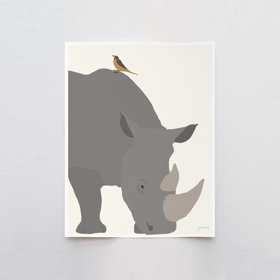 Rhino with Oxpecker Art Print - Signed and Printed by Jorey Hurley - Unframed or Framed - 170420