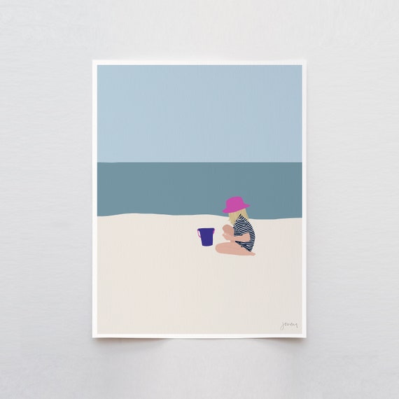Girl with Beach Bucket Art Print - Signed and Printed by Jorey Hurley - Framed or Unframed - 130618