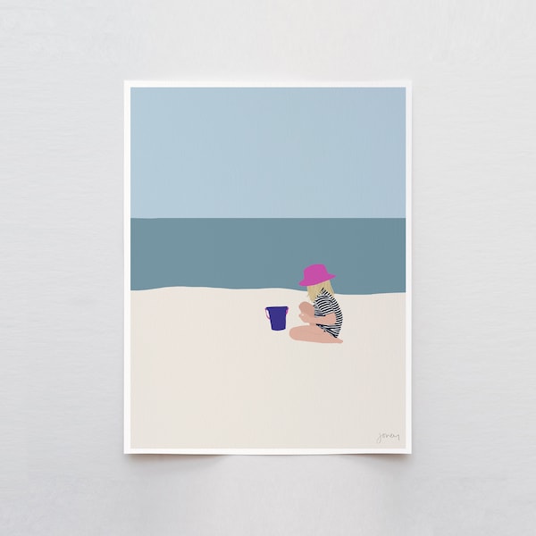 Girl Seaside with Beach Bucket Art Print – Signed Coastal Artwork - 130618