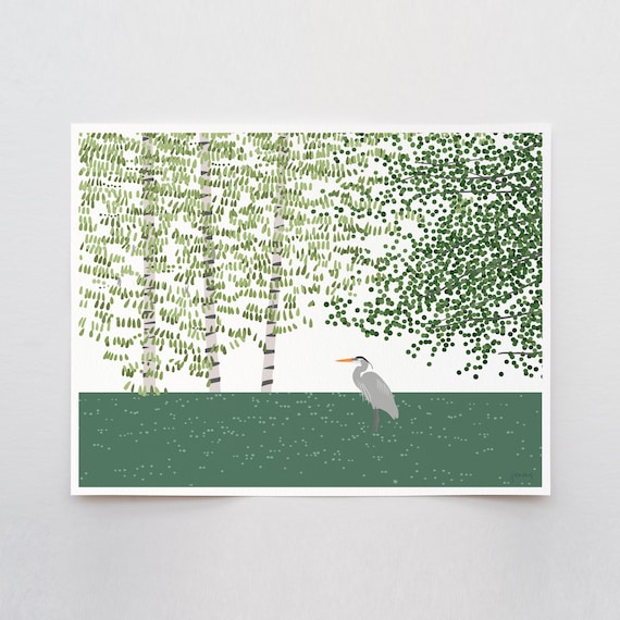 Lake with Great Blue Heron Art Print - Signed and Printed by Jorey Hurley - Unframed or Framed - 250408