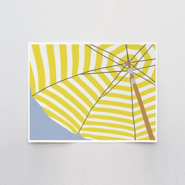 Yellow Striped Beach Umbrella Art Print - Signed by Jorey Hurley - 230820