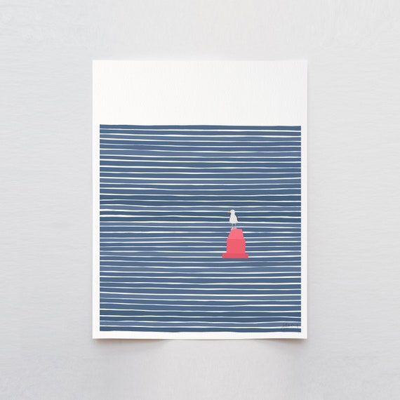 Seagull on a Red Buoy Art Print - Signed and Printed by Jorey Hurley - Unframed or Framed - 230611
