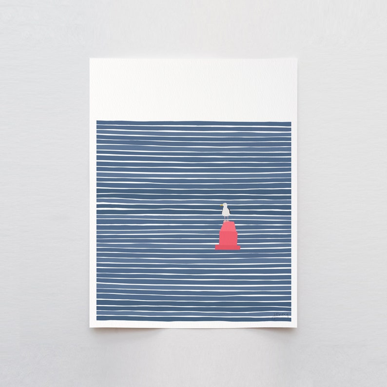 May include: A white seagull perched on a red buoy in a blue and white striped ocean.