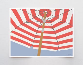 Coral Striped Beach Umbrella Wall Art, signed print by Jorey Hurley