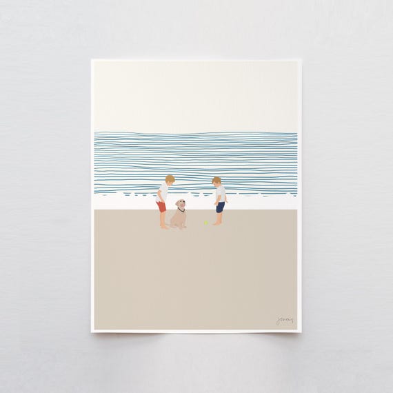 Brothers and Dog on Beach Art Print - Signed and Printed by Jorey Hurley - Unframed or Framed - 140619