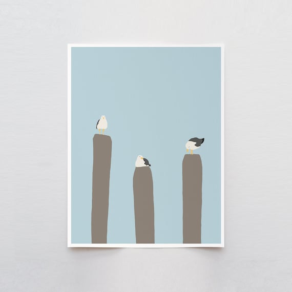 Seagulls Perched on Piers Art Print - Signed and Printed by Jorey Hurley - Unframed or Framed - 130731