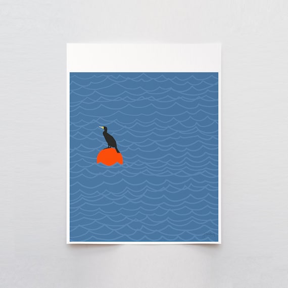 Cormorant on Mooring Buoy Art Print - Signed and Printed by Jorey Hurley - Framed or Unframed - 140812