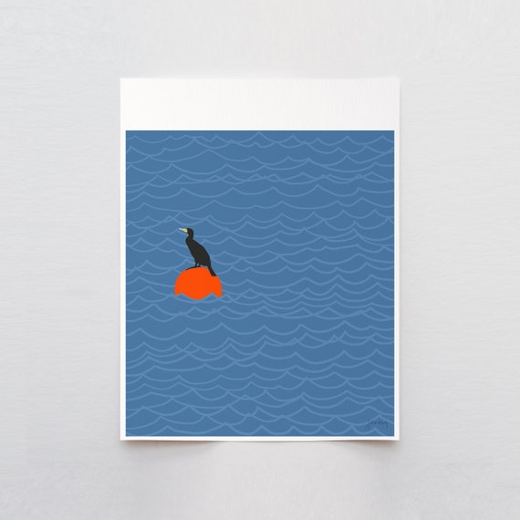 Cormorant on Mooring Art Print - Signed and Printed by Jorey Hurley - Framed or Unframed - 140812