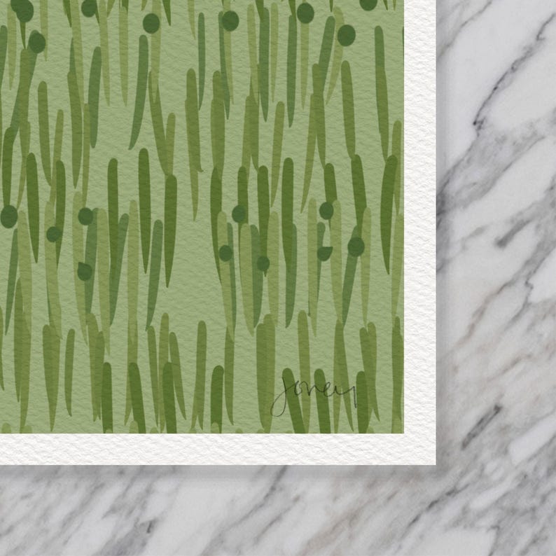 May include: Abstract art print with a green background and a pattern of vertical lines and circles. The print is signed "Jamey" in the bottom right corner.