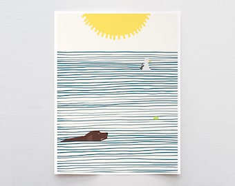 Swimming Dog and Seagull Art Print – Signed Jorey Hurley Coastal Nursery Decor - 210224