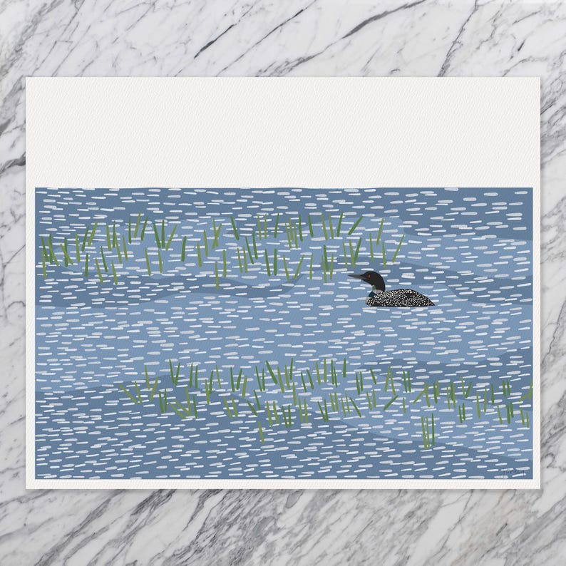 May include: A rectangular art print featuring a stylized illustration of a black and white loon swimming in blue water with white dash patterns and green reeds. The artwork is centered on a white background with a clean, flat graphic design.