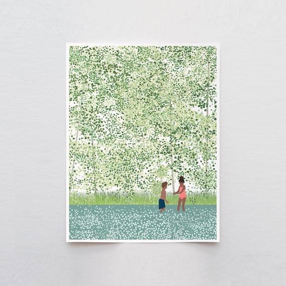 Children Playing in the River Art Print - Signed and Printed by Jorey Hurley - Unframed or Framed - 210626