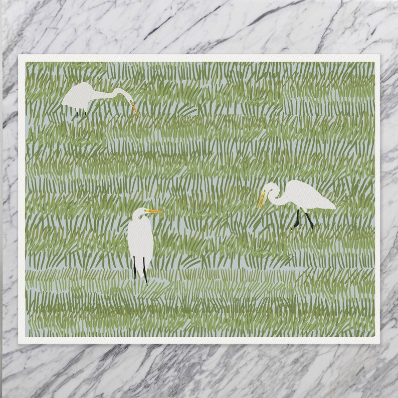 May include: A digital illustration of three white egrets standing in a field of green grass. The egrets have long, slender necks and legs, and their beaks are yellow. The grass is drawn with short, thin lines, creating a textured effect.