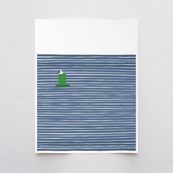 Green Buoy with Seagull Art Print - Signed and Printed by the Artist - Framed or Unframed - Seagull Wall Art - 230604
