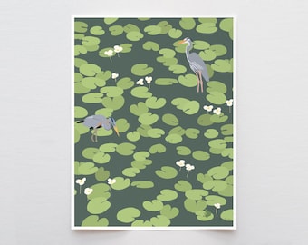Lily Pads with Herons Wall Art, signed print by Jorey Hurley