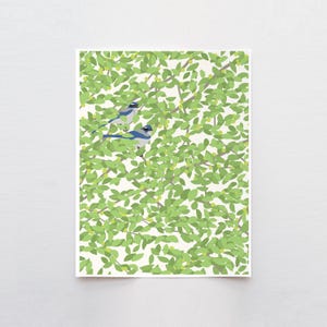 Blue Jays in a Plum Tree, bird wall art, signed print by Jorey Hurley