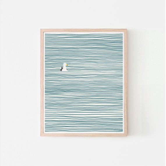 Seagull with Striped Water Art Print - Signed and Printed by the Artist - Framed or Unframed - Coastal Home Decor - 130324