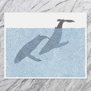 May include: A blue and gray abstract illustration of two whales swimming in a sea of blue dots.