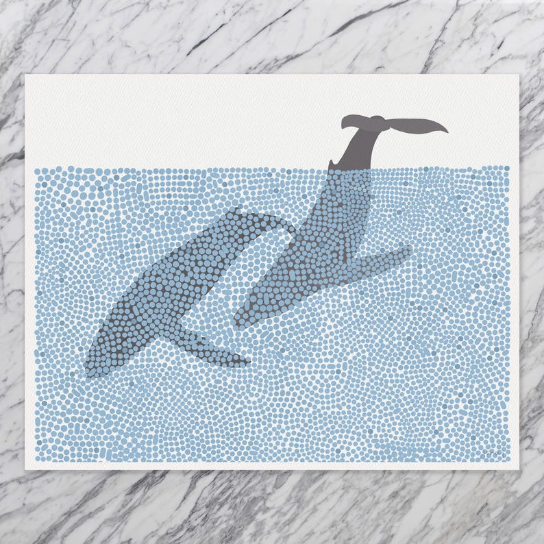 May include: A blue and gray abstract illustration of two whales swimming in a sea of blue dots.