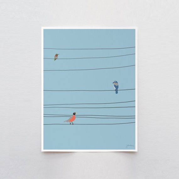 Birds Perched on Electrical Wires Art Print - Signed and Printed by Jorey Hurley - Unframed or Framed - 140218