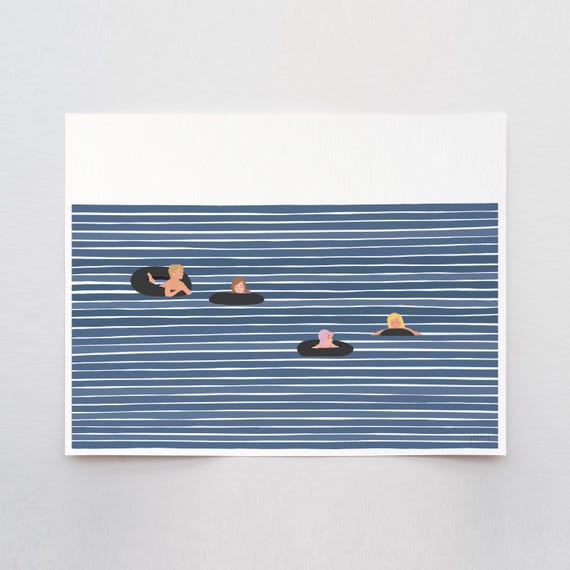 Family of Four in Inner Tubes Art Print - Signed and Printed by Jorey Hurley - Unframed or Framed - 220917