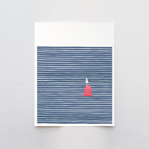 Seagull on Red Buoy, coastal wall art, signed print by Jorey Hurley