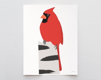 Birch with Cardinal Art Print - Signed and Printed by Jorey Hurley - Unframed or Framed - 230121