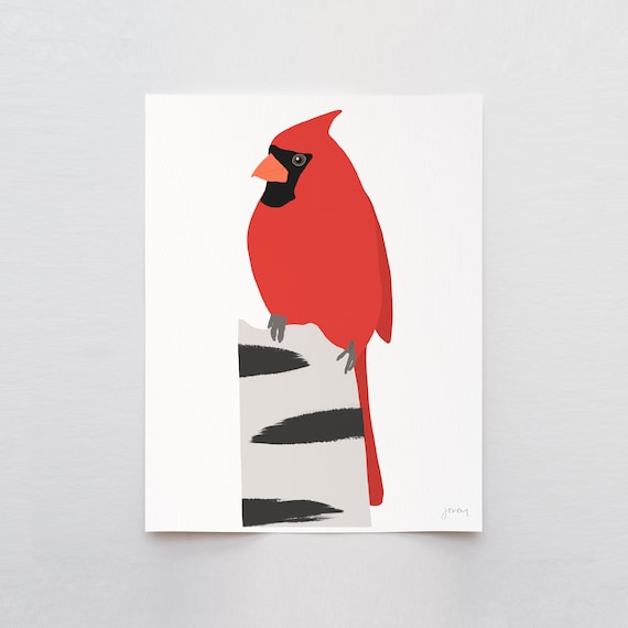 Birch with Cardinal Art Print - Signed and Printed by Jorey Hurley - Unframed or Framed - 230121