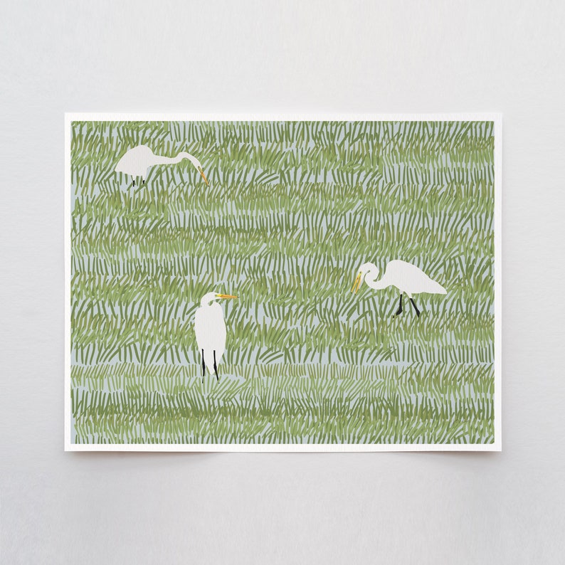 May include: A digital illustration of three white egrets standing in a field of green grass. The egrets are facing different directions and have long, slender necks.