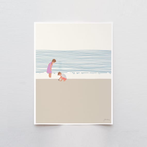 Sister and Little Brother on the Beach Art Print - Signed and Printed by Jorey Hurley - Unframed or Framed - 140619