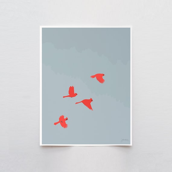 Four Flying Cardinals Art Print - Signed and Printed by Jorey Hurley - Unframed or Framed - 231202