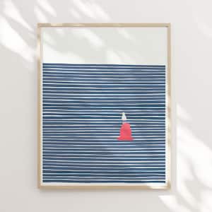 May include: A framed print of a minimalist illustration of a seagull standing on a red buoy in a blue and white striped ocean.
