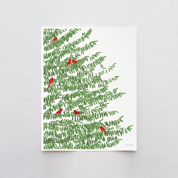 Pine Tree Print with Red Cardinal Birds Art Print - Signed and Printed by Jorey Hurley - Unframed or Framed - 221201