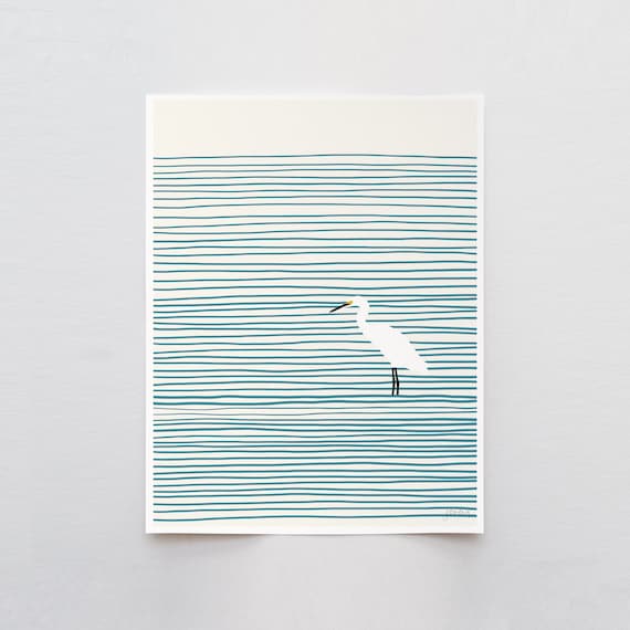 Snowy Egret Striped Water Art Print - Signed and Printed by Jorey Hurley - Unframed or Framed - 131117