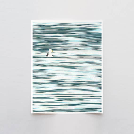 Seagull on Striped Water Art Print - Signed and Printed by Jorey Hurley - Unframed or Framed - 130324