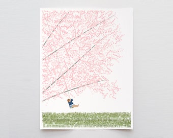Cherry Blossom Tree with Girl Swinging Art Print - Signed and Printed by Jorey Hurley - Unframed or Framed - 230416