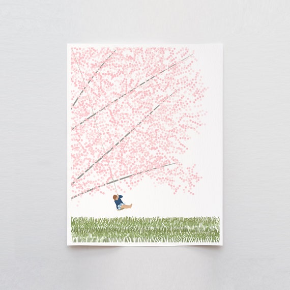 Cherry Blossom Tree with Girl Swinging Art Print - Signed and Printed by Jorey Hurley - Unframed or Framed - 230416