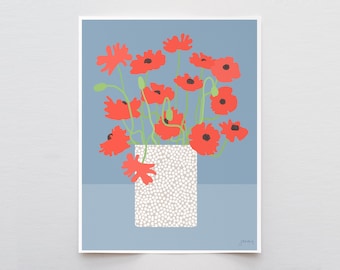 May include: A floral art print featuring a bouquet of red poppies in a white speckled vase against a light blue background. The poppies have dark centers and green stems. The artwork is a modern, minimalist style.