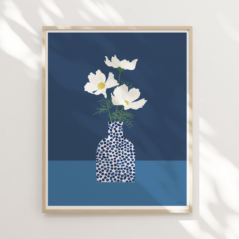 Blue Dotted Vase with Cosmos Flowers Art Print Signed and Printed by Jorey Hurley Unframed or Framed 220525 image 6