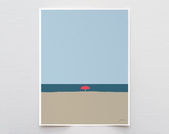 Red Beach Umbrella Art Print - Signed and Printed by Jorey Hurley - Unframed or Framed - 120529